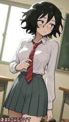 1girl ai_generated asai_akira black_eyes black_hair blush breast_pocket breasts brokewyt call_of_the_night classroom collared_shirt cowboy_shot cuckold desk hair_between_eyes hi_res high_quality high_resolution highres holding indoors long_sleeves looking_away looking_to_the_side medium_breasts messy_hair necktie nervous netorare parted_lips pleated_skirt pocket red_necktie school_desk school_uniform shirt shirt_tucked_in shoes short_hair skirt solo striped sweatdrop uncensored watermark white_shirt yofukashi_no_uta