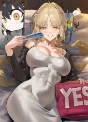 blonde_hair dress female rover_(wuthering_waves) sexy_pose smile suisui_(wuthering_waves) wuthering_waves yes_pillow