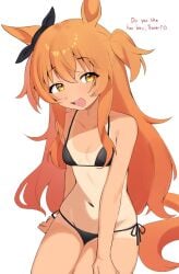 1girl black_bikini english_text horse_ears horse_girl horse_tail long_hair looking_at_viewer mayano_top_gun_(umamusume) nyaivie one-piece_tan open_mouth orange_eyes orange_hair side-tie_bikini_bottom sitting small_breasts smile solo tan_skin tanlines thighs two_side_up umamusume umamusume_pretty_derby