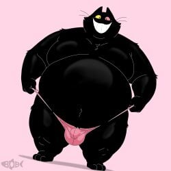 1:1 absurd_res anthro belly black_body black_fur bobbellyboy bulge clothing darkner deltarune detailed_bulge domestic_cat fat_upper_pubic_area felid feline felis friend_(deltarune) fur grin heterochromia hi_res male mammal overweight smile solo thong tombstone_teeth undertale_(series) underwear