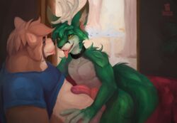 anthro bedroom_eyes canid canine chubby_male duo fox frottage hi_res hybrid jibberjasper ludd male male/male mammal narrowed_eyes procyonid raccoon seductive sex shmallow straddling tongue tongue_out window