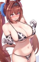 1girl bare_shoulders blush brown_hair cleavage cow_print_armwear cow_print_bikini cowprint_bikini daiwa_scarlet_(umamusume) elbow_gloves embarrassed enumiyan horse_ears horse_girl horse_tail large_breasts long_hair open_mouth plump red_eyes solo tiara twintails umamusume umamusume_pretty_derby very_long_hair