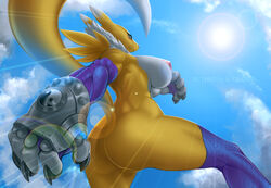 absurd_res anthro areola armor armwear ass barely_visible_genitalia barely_visible_pussy black_claws black_nose blue_eyes blue_sky breasts claws clothing cloud day digimon digimon_(species) female finger_claws fur fur_tuft gauntlets genitals gilgash gloves handwear hi_res legwear looking_at_viewer low-angle_view mostly_nude neck_tuft neonyx pink_areola pussy renamon sky solo sun thigh_highs tuft two_tone_tail white_tail yellow_body yellow_butt yellow_ears yellow_fur yellow_tail