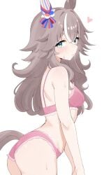 1girl ass blue_eyes blush closed_mouth from_side grey_hair horse_ears horse_girl horse_tail long_hair looking_at_viewer medium_breasts multicolored_hair nyaivie pink_bra pink_panties solo sweat umamusume umamusume_pretty_derby underwear_only white_hair wonder_acute_(umamusume)