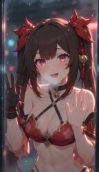 1girl 4th_wall_breaking ai_generated bare_shoulders bent_over black_hair blush breasts fantasy female female_focus from_front glass hands_on_glass honkai:_star_rail hoyoverse indoors light-skinned_female light-skinned_male long_hair looking_at_viewer medium_breasts mihoyo nipples nude pink_eyes pov red_bikini smug sparkle_(honkai:_star_rail) tagme talking_to_viewer twintails uncensored video wide_hips witchy
