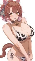 1girl brown_eyes brown_hair cleavage cowbell cowprint_bikini dantsu_flame_(umamusume) enumiyan horse_ears horse_girl horse_tail large_breasts multicolored_hair navel neckbell open_mouth short_hair solo stomach sweat umamusume umamusume_pretty_derby white_hair