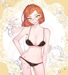 1girls bra curly_hair danganronpa_another fanganronpa female female_only ginger ginger_female ginger_hair glasses lipstick mekaru_rei only_female orange_hair panties red_lipstick sdra2 smile smiling solo solo_female super_danganronpa_another_2 undergarment undergarments_only yellow_eyes