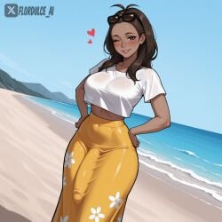 1futa ai_generated beach blush brown_eyes brown_hair dark-skinned_futa dark_skin erect_penis erection erection_under_clothes erection_under_clothing flordulce futa_only futanari hands_on_hips heart long_hair milf mother_(pokemon_sm) one_eye_closed outdoors penis pokemon pokemon_sm seductive seductive_look seductive_smile shirt skirt solo_futa standing sunglasses sunglasses_on_head wink