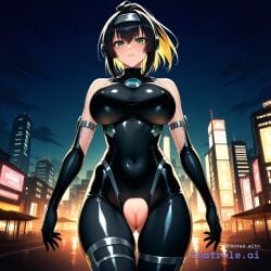 1girl ai_assisted ai_generated armor bare_shoulders black_bodysuit city cityscape clouds cowboy_shot crotchless curvy dark_theme detailed_pussy dynamic_lighting elbow_gloves fishnets gloves high_contrast kagami_hirotaka koukawa_oboro looking_at_viewer neon_lights night night_sky outdoors soft_shading taimanin_asagi_zero taimanin_suit thigh_gap visible_pussy