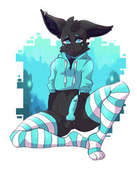 absurd_res animal_genitalia animal_penis anthro biped black_body black_fur blue_eyes blue_penis canine_penis clothing crop_top_hoodie cropped_hoodie dibujome_(artist) digital_media_(artwork) docdraw dragon ear_piercing facial_markings fur furred_dragon genitals girly head_markings hi_res knot legwear male markings penis piercing purple_body purple_fur solo thighhighs vial_furglitch