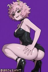 1girl ai_generated ashido_mina ass bare_shoulders black_dress black_footwear black_panties black_sclera breasts brokewyt choker cleavage colored_sclera colored_skin cuckold dress grabbing_own_ass hi_res high_heels high_quality high_resolution highres horns large_breasts looking_at_viewer looking_back mina_ashido my_hero_academia netorare open_mouth panties pink_hair pink_skin purple_background shiny shiny_skin short_hair simple_background smile solo squatting teeth thong uncensored underwear watermark yellow_eyes