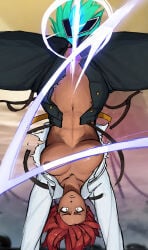 abs areolae assisted_exposure big_breasts black_pants blue_eyes brown_areolae convenient_censoring dark_skin giovanna_(guilty_gear) guilty_gear navel red_hair short_hair suspenders thick_thighs torn_clothes upside-down white_shirt wide_eyed wide_hips zomboyaku