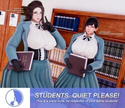 2girls 3d arcrad big_breasts black_gloves black_hair books bookshelf breasts english english_text glasses gloves long_skirt original original_characters school_uniform schoolgirl text