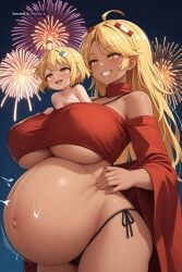 1girl ai_assisted ai_generated bare_shoulders bikini black_sash blaze blonde_hair dark_skin fireworks from_behind giant_breasts height_difference huge_boobs huge_size_difference inflation little_girl looking_back minecraft_mob mob_talker off_shoulder orgasm petite red_kimono sex size_difference small smile source_anime stomach_bulge underboob yellow_eyes