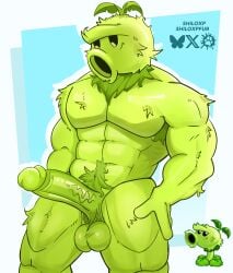 (pvz) absurd_res anthro anthrofied balls big_balls big_penis blue_background electronic_arts elemental_creature flora_fauna fur genitals glans green_body hands_on_legs hi_res humanoid humanoidized leaf looking_at_genitalia looking_at_penis male muscular muscular_humanoid muscular_male not_furry penis plant plants_vs._zombies popcap_games pose primal primal_peashooter saggy_balls shiloxp simple_background siphon_(anatomy) solo standing white_background