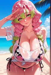 1girl 1girls ai_generated balecxi bare_shoulders beach bikini bikini_under_clothes black_bikini blue_sky blush braid breasts clavicle cleavage closed_mouth clothing cloud collarbone cowboy_shot crop_top curvaceous curvaceous_female curvaceous_figure curvy curvy_figure day demon_slayer female female_focus floral_print gradient_hair green_eyes green_hair halterneck huge_breasts inviting inviting_to_sex kanroji_mitsuri kimetsu_no_yaiba large_breasts leaning_forward lips long_hair looking_at_viewer mole mole_under_each_eye mole_under_eye multicolored_hair multiple_braids multiple_moles navel ocean off-shoulder_shirt outdoors palm_tree pink_hair presenting presenting_ass presenting_breasts presenting_hindquarters presenting_self print_bikini salute seductive seductive_look seductive_smile see-through see-through_shirt shirt short_sleeves side-tie_bikini_bottom sky smile solo stomach string_bikini swimsuit thigh_gap thighs tied_shirt tree twin_braids two-tone_hair voluptuous voluptuous_female water wet wet_clothes wet_shirt white_shirt