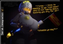 1girls boobs boobs_out breasts female female_only grey_hair murder_drones robot robot_girl robot_humanoid solo solo_female solo_focus v_(murder_drones) yellow_eyes