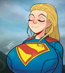 alternate_breast_size blonde_hair bodysuit breasts closed_eyes dc_comics earrings huge_breasts jakalovid kara_zor-el large_breasts long_hair smile supergirl tagme tight_clothing uniform