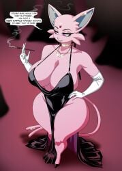 black_dress cat_ears cat_tail cigarette crovirus dialogue dress eeveelution english_text espeon female forehead_jewel furgonomic_piercing furry generation_2_pokemon gloves hi_res huge_ass huge_breasts jewelry long_gloves looking_at_viewer milf nintendo piercing pokemon pokemon_(species) ring solo solo_female speech_bubble tail talking_to_viewer thick_thighs vanessa_(gammainks)