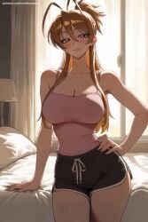 1girl ahoge ai_generated antenna_hair artist_name bangs bare_shoulders blush breasts brown_eyes brown_hair camisole cleavage closed_mouth collarbone hair_between_eyes hand_on_hip hi_res high_quality high_resolution highschool_of_the_dead large_breasts long_hair looking_at_viewer patreon patreon_username rei_miyamoto seductive sexy short_shorts shorts smile solo uncensored watermark web_address