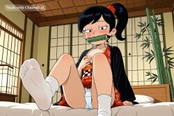 1girl ai_assisted ai_generated american_dad anime_screenshot anime_style bamboo bedroom bit_gag black_hair blushing checkered_sash flat_chest foot_fetish gag gagged hand_on_breast haori highres japanese_clothes kimono looking_at_viewer low_angle mouth_hold obi parody perfect_anatomy ponytail sash sitting_on_bed style_parody upper_body upskirt viewer_pov white_panties