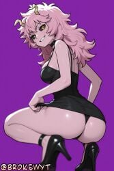 1girl ai_generated ashido_mina ass bare_shoulders black_dress black_footwear black_panties black_sclera breasts brokewyt choker clothes_lift colored_sclera colored_skin cuckold dress dress_lift from_behind grin hi_res high_heels high_quality high_resolution highres horns large_breasts long_hair looking_at_viewer looking_back medium_breasts mina_ashido my_hero_academia netorare panties pink_hair pink_skin purple_background shiny shiny_skin sideboob simple_background smile solo squatting thighs thong uncensored underwear watermark yellow_eyes