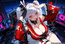 1girl ai_assisted ai_generated bangs bare_shoulders blush breasts cleavage curvaceous curvy curvy_female curvy_figure detached_sleeves female frills gloves ground_vehicle hat honkai:_star_rail honkai_(series) japanese_clothes large_breasts long_hair looking_at_viewer mini_hat miyuai monitor night night_sky red_eyes ribbon silver_hair sitting sky smile solo sparxie_(honkai:_star_rail) star_(sky) starry_sky thick thick_ass thick_butt thick_hips thick_legs thick_thighs thigh_strap tongue tongue_out top_hat two_side_up voluptuous voluptuous_female white_skirt wide_hips wide_thighs
