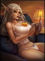 1girls between_breasts big_breasts blood_elf breasts cleavage deep_cleavage female female_only green_eyes large_breasts reading reading_pornography solo thong tight_clothing vempire white_hair white_thong world_of_warcraft