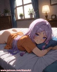 1girl ai_generated aianoart ass bangs bed bed_sheet bedroom blue_eyes blush bottomless braid citlali_(genshin_impact) clock curtains day genshin_impact grin hair_intakes indoors lamp light_particles long_hair looking_at_viewer lying no_panties object_hug on_bed on_stomach orange_shirt parted_bangs picture_frame pillow plant potted_plant purple_hair shirt short_sleeves smile solo stuffed_toy sunlight twin_braids window