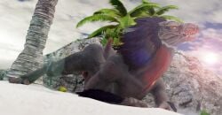 3_fingers 3_toes 3d_(artwork) absurd_res alien anthro arm_feathers arm_tuft ass_up avian avian_caruncle balls beach butt coconut colored day digital_media_(artwork) digitigrade drupe_(fruit) feather_hair feathered_crest feathers feet fingers food fruit genitals halo_(series) head_crest hi_res kig-yar lens_flare light looking_at_viewer male microsoft non-mammal_balls outside palm_tree penis pinup plant pose presenting pseudo_hair raised_head sand scalie short_tail sky solo sunlight t'vaoan tail thevioletghost toes tree tuft xbox_game_studios yellow_eyes
