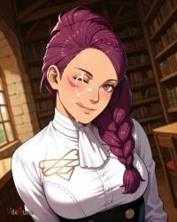 1girls :q after_fellatio after_sex ai_generated black_skirt blush braided_ponytail brown_eyes closed_mouth cum cum_in_eye facial facial_mark fire_emblem:_three_houses head_tilt high-waist_skirt high_ponytail light_smile looking_at_viewer one_eye_closed petra_macneary purple_hair solo upper_body vilerune white_ascot white_shirt