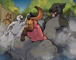 2017 5:4 ambiguous_species anthro asof_yeun balls big_balls big_penis blush body_in_urethra canid canine cock_vore equid equine genitals group head_first horse hot_spring huge_balls huge_penis hyper hyper_balls hyper_genitalia hyper_penis knot knotted_penis looking_pleasured male mammal multiple_prey nommz nude partially_inside penile penis tongue tongue_out vore water