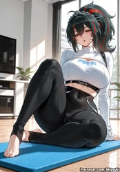 1girl ai_assisted ai_generated bangs barefoot black_hair black_legwear breasts crop_top curvaceous curvy curvy_female curvy_figure feet female indoors large_breasts long_hair long_sleeves looking_at_viewer midriff miyuai multicolored_hair plant ponytail potted_plant red_eyes red_hair shirt sitting solo streaked_hair thick thick_ass thick_butt thick_hips thick_legs thick_thighs thighs toeless_legwear toes voluptuous voluptuous_female white_shirt wide_hips wide_thighs zenless_zone_zero zhu_yuan