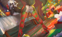 5:3 anthro anus ass black_body black_fur breasts canid canine canis christmas christmas_clothing christmas_headwear claws clothed clothing detailed_background ear_piercing female fluffy fluffy_tail fur genital_piercing genitals hair hat headgear headwear holidays jesusy mammal multicolored_body multicolored_fur nipple_piercing nipples open_mouth open_smile partially_clothed piercing pussy pussy_piercing santa_hat smile solo teeth two_tone_body two_tone_fur white_body white_fur white_hair wolf