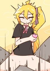 1boy 1girls accurate_art_style accurate_body_type accurate_proportions akita_neru bodily_fluids bottomless bottomless_female closed_eyes closed_mouth clothed clothed_female clothed_sex clothing color cowgirl_position female female_focus flat_chest flop_era_(vocaloid) genitals girl_on_top hair hetero human human_only light_skin long_hair male male_pov motion_lines mv_character naked naked_male necktie nude nude_male official_style partially_clothed penetration phone pov pussy ribbon sex shirt simple_background source spread_legs straight sweat sweatdrop twitter_link vaginal_penetration vaginal_sex voifoooork yellow_hair