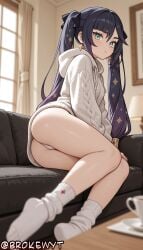 1girl ai_generated aqua_eyes aran_sweater ass bangs black_hair black_ribbon blurry blurry_background blurry_foreground blush brokewyt cable_knit closed_mouth couch cuckold cup curtains day depth_of_field earrings genshin_impact hair_ribbon hi_res high_quality high_resolution highres hood hoyoverse indoors jewelry lamp legs long_hair long_sleeves looking_at_viewer mona_(genshin_impact) netorare no_pants no_shoes on_couch on_side panties purple_hair ribbon sitting socks solo star_(symbol) star_earrings sweater thighs twintails uncensored underwear very_long_hair watermark white_panties white_socks white_sweater window
