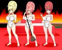 absurdres apron apron_only bed beehive_hair big_breasts blazblue blonde_hair bow breasts cleavage domestication empty_eyes fate/grand_order fate_(series) female_only femsub green_eyes hair_covering_one_eye happy_trance housewife konoe_a_mercury large_breasts multiple_girls multiple_subs naked_apron nero_claudius_(fate) pink_hair pyra pyra_(xenoblade) red_eyes red_hair smile stepfordization takarafanarts wink xenoblade_chronicles xenoblade_chronicles_2 yellow_eyes