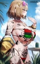 1girl ai_generated anime_style ass_focus bbc bbc_addict blacked blacked_queen blacked_wrld blonde_hair blush body_writing breeding breeding_cow brown_eyes curvy dark-skinned_male dramatic_lighting erect_nipples explicit exposed_breasts heavy_makeup highres huge_ass huge_breasts interracial large_breasts light-skinned_female micro_bikini mind_break nipples outdoors puffy_nipples queen_of_spades short_hair solo_focus spade_tattoo standing submissive_female tattooed_female text thick_bbc thick_thighs voluptuous wide_hips