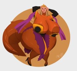 absurd_res animal_humanoid areola bartok_the_magnificent bedroom_eyes big_breasts big_butt big_tail bite biting_lip biting_own_lip black_clothing black_footwear black_shoes blonde_hair breasts butt clothed clothing digital_media_(artwork) dragon dragon_humanoid dress european_mythology female fiuke footwear hair hand_on_head hands_behind_head hi_res huge_breasts huge_hips huge_tail huge_thighs humanoid humanoid_face humanoid_hands hybrid looking_at_viewer ludmilla_(bartok) mammal mature_female mid_transformation mythological_creature mythological_scalie mythology narrowed_eyes naughty_face nipples orange_body purple_clothing queen royalty scalie seductive seductive_mouth self_bite shoes simple_background smile solo tail thick_thighs torn_clothing transformation western_dragon wide_hips wide_tail