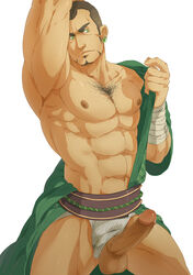 1boy abs armpits bandaged_arm bandages bara bare_pectorals bulge buzz_cut chest_hair clothing_aside earrings erection facial_hair feet_out_of_frame frown goatee green_eyes green_kimono japanese_clothes jewelry kimono large_pectorals loincloth loincloth_aside looking_to_the_side male_focus male_only male_underwear male_underwear_aside mature_male muscular muscular_male navel navel_hair nipples open_clothes open_kimono original pectorals penis print_male_underwear short_hair sideburns solo stomach striped thick_thighs thighs uncensored underwear undressing very_short_hair white_male_underwear xiawenjie_(jason_ou_1990)