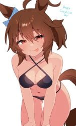 1girl agnes_tachyon_(umamusume) black_bikini brown_hair cleavage horse_ears horse_girl leaning_forward medium_breasts navel nyaivie red_eyes short_hair side_ponytail smile solo stomach thighs tongue_out umamusume umamusume_pretty_derby