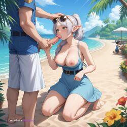 1girl ai_assisted ai_generated belt big_tits blowjob blue_sky blush cock_out daylight embarrassed excited_face flowers frieren garden green_eyes grey_hair huge_tits jiggling_tits large_breasts on_knees penis pointy_ears ponytail sand sea sex source_anime spring sundress sunglasses wide_hips