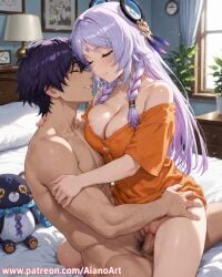 1boy 1girl ai_generated aianoart areola_slip bangs bare_shoulders bed bed_sheet bedroom blush bottomless braid breasts citlali_(genshin_impact) cleavage clock closed_eyes closed_mouth clothed_female_nude_male collarbone completely_nude cowgirl_position genshin_impact girl_on_top hair_ornament hetero indoors lamp large_breasts long_hair male_pubic_hair multicolored_hair nipple_slip nipples nude off_shoulder on_bed one_breast_out orange_dress orange_shirt parted_lips penis pillow plant pubic_hair purple_hair pussy sex shirt short_sleeves smile straddling stuffed_animal stuffed_toy sweat thighs twin_braids uncensored vaginal white_hair window