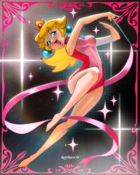 1girl blonde_hair border brooch crown earrings full_body gymnast gymnast_leotard gymnastics gymnastics_ribbon leotard lips long_hair mario_and_sonic_at_the_olympic_games pink_leotard princess_peach rhythmic_gymnastics ribbon solo