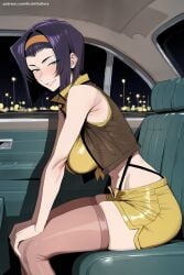 1girl ai_generated blush breasts car car_interior cowboy_bebop crop_top faye_valentine from_side green_eyes grin ground_vehicle hairband hi_res high_quality high_resolution large_breasts looking_at_viewer midriff miniskirt motor_vehicle navel patreon pencil_skirt purple_hair seductive sexy shiny short_hair sitting skirt sleeveless smile solo suspenders thighhighs uncensored watermark yellow_hairband