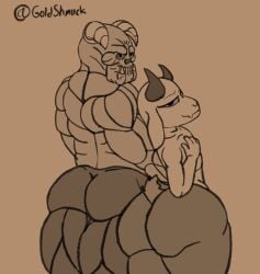 anthro baron_of_hell biceps bovid caprine demon doom_(series) duo ears_down eyebrows femboy furdoom goat goldshmuck hand_on_chest hi_res horn humanoid id_software joshua_(katzenart) looking_at_viewer looking_back male mammal microsoft muscular muscular_male nude pecs pivoted_ears raised_eyebrow size_difference standing thick_thighs