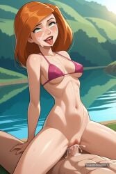 1girl ahegao ai_assisted ai_generated arched_back aroused black_hair blurred_background blushing cowboy_shot cross_eyed cum_on_face cumming daytime deep_penetration dramatic_lighting drool dutch_angle eye_roll eyeroll flirty green_eyes grimace horny kim_possible lake legs_up line_art orange_hair
