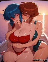 1girl 2girls ai_art ai_generated bikini blue boat breasts eyes ghost_in_the_shell hair kissing kissing_neck large motoko_kusanagi ocean pink red shiny short skin sunset sweat the_ghost_in_the_shell thick thighs wet yuri zenithai