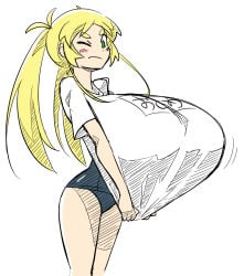big_breasts boobs boobs_bigger_than_head boobs_window breasts female green_eyes matsu-sensei shorts yellow_hair
