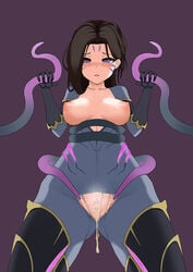 blush bodysuit breasts breasts_out brown_hair censored cum cum_drip cum_in_pussy cum_inside kai'sa league_of_legends nipples pack_of_inu purple_eyes pussy spread_pussy standing tagme tentacle torn_clothes